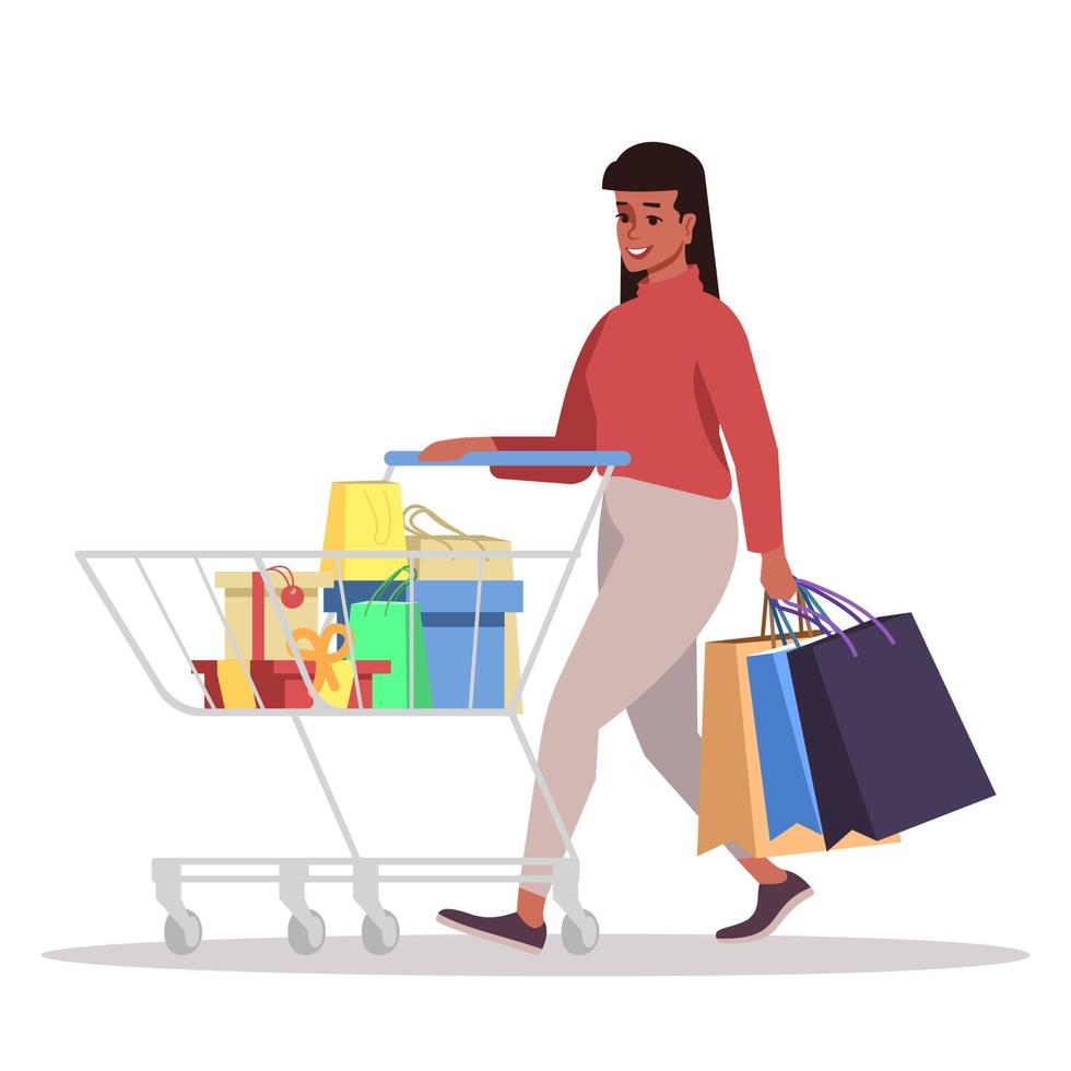 Participating black friday event semi flat RGB color vector illustration. Woman rolling shopping cart with boxes and bags isolated cartoon character on white background