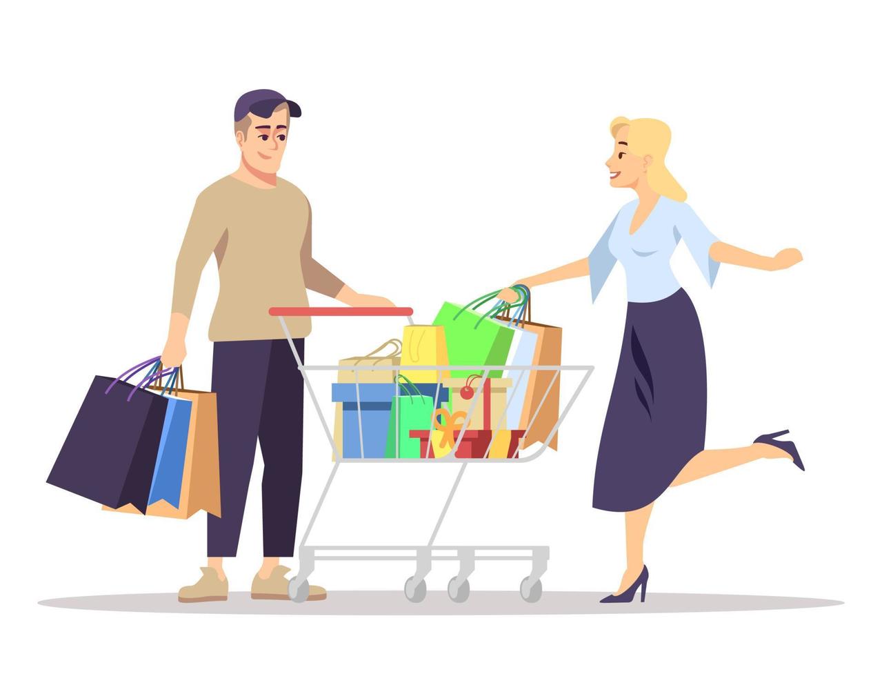 Compulsive buying behavior semi flat RGB color vector illustration. Couple participating in holiday shopping isolated cartoon characters on white background