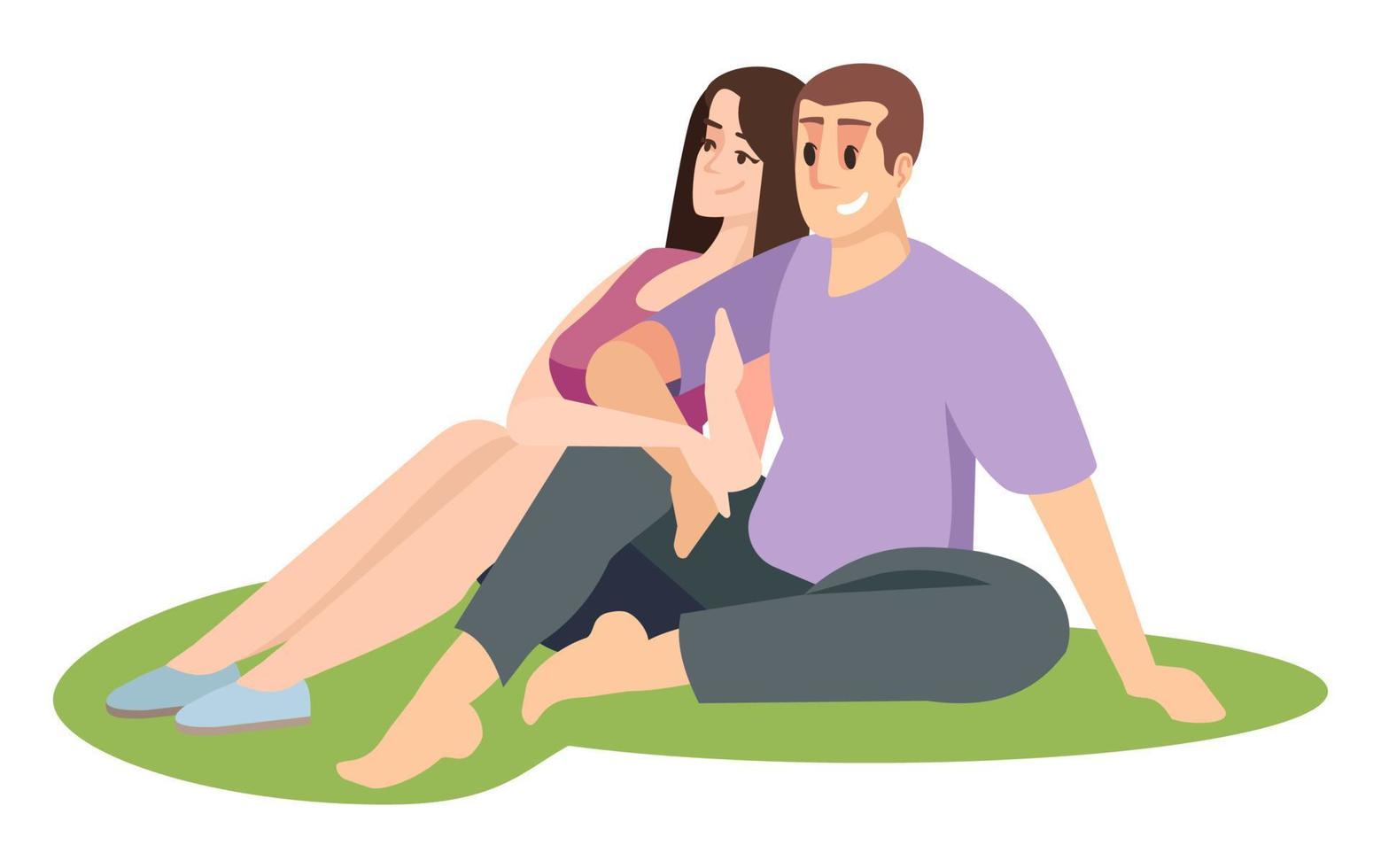 Ilustración de vector de color rgb semi plano de recreación de verano. pareja casada descansando sobre hierba personajes de dibujos animados aislados sobre fondo blanco