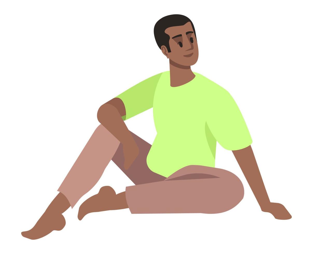 Summer camping participant semi flat RGB color vector illustration. Young man sitting in relaxing pose isolated cartoon character on white background