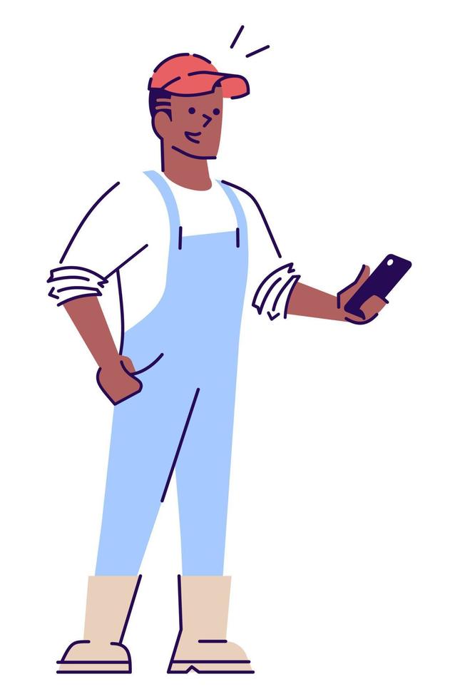 Advanced farming semi flat RGB color vector illustration. Young male farmer with smartphone isolated cartoon character on white background