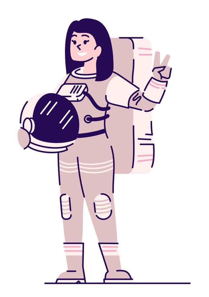 Female space tourist semi flat RGB color vector illustration. Smiling female astronaut showing victory sign isolated cartoon character on white background
