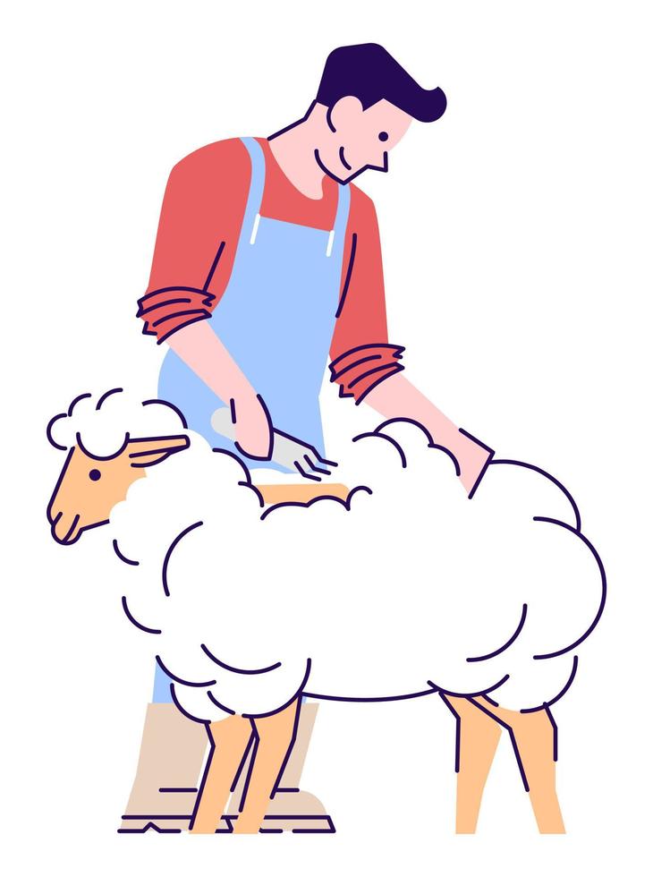trabajador agrícola con cordero semi plano rgb color vector ilustración. ganadero masculino esquilando ovejas personaje de dibujos animados aislado sobre fondo blanco