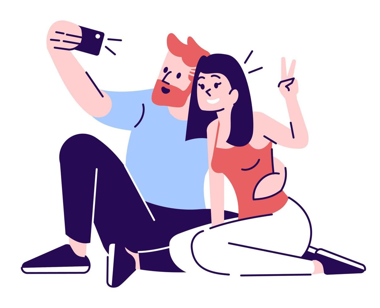 Perfect date semi flat RGB color vector illustration. Happy couple posing for selfie isolated cartoon characters on white background