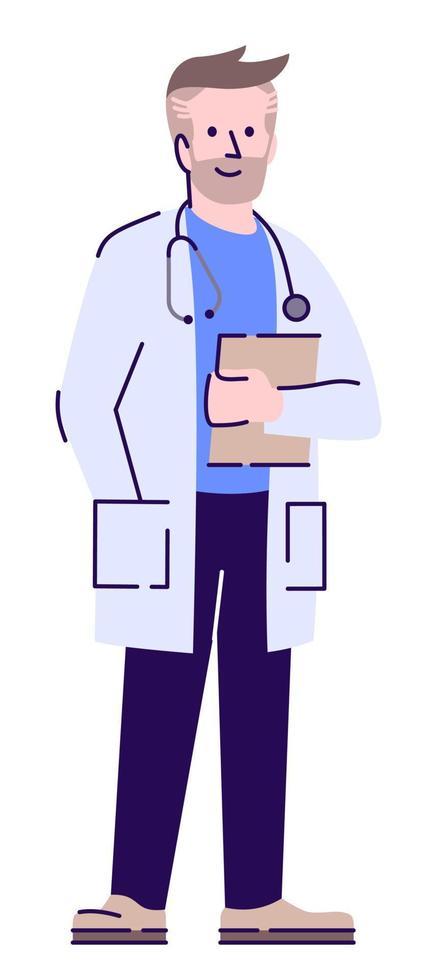 Healthcare worker semi flat RGB color vector illustration. Male doctor wearing white robe isolated cartoon character on white background