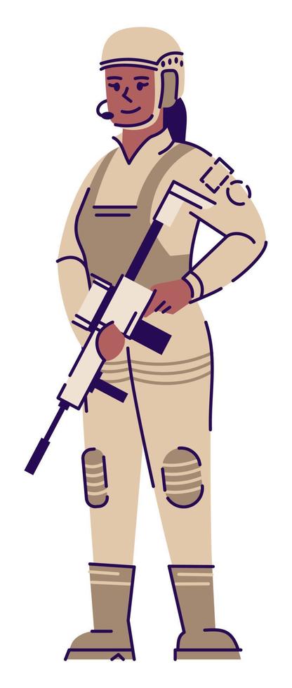 Ilustración de vector de color rgb semi plano de servicio militar. mujer soldado en equipo de protección personaje de dibujos animados aislado sobre fondo blanco