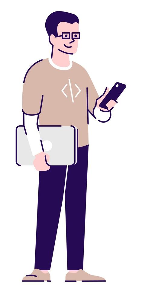 Gen z representative semi flat RGB color vector illustration. Male computer programmer with smartphone isolated cartoon character on white background