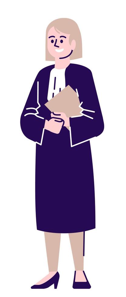 Active judge semi flat RGB color vector illustration. Female crown prosecutor holding documents isolated cartoon character on white background