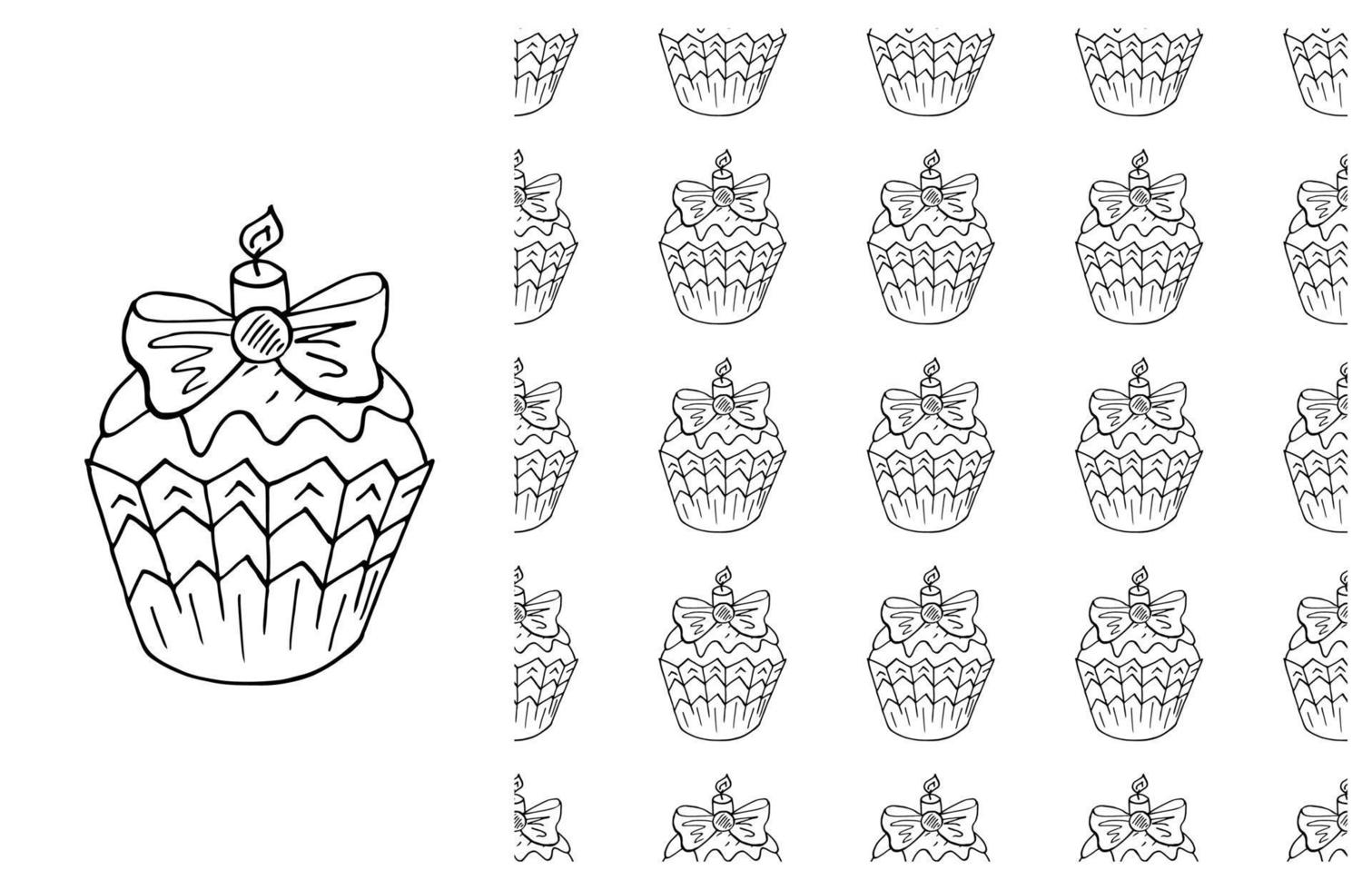 Coloring Cupcake. Set of element and seamless pattern vector