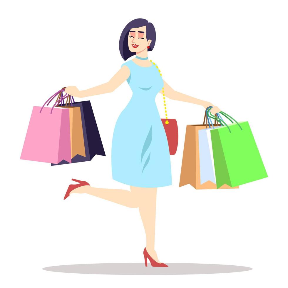 Feeling delighted after shopping day semi flat RGB color vector illustration. Happy beautiful lady isolated cartoon character on white background