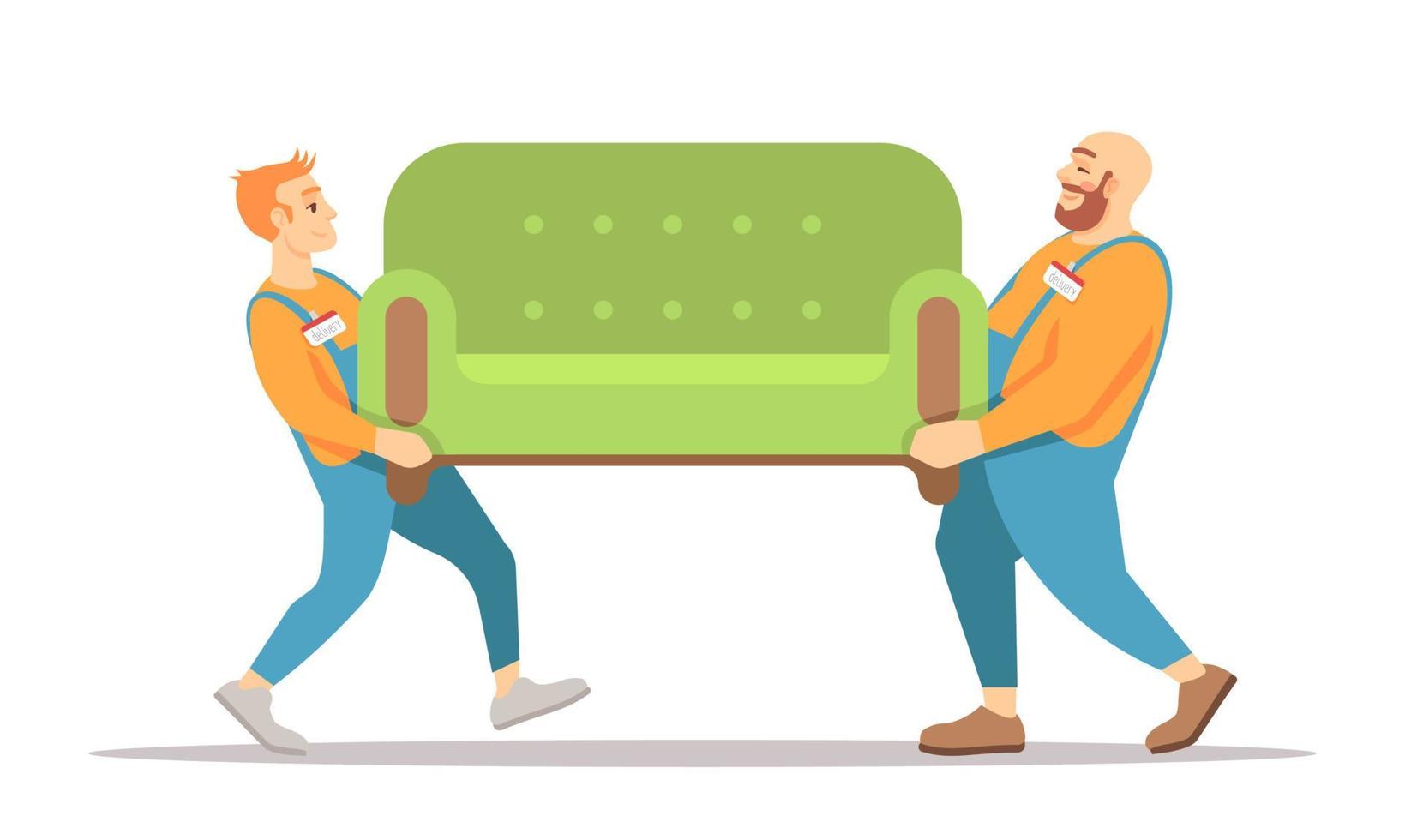 Household goods delivery semi flat RGB color vector illustration. Furniture movers holding green couch isolated cartoon characters on white background