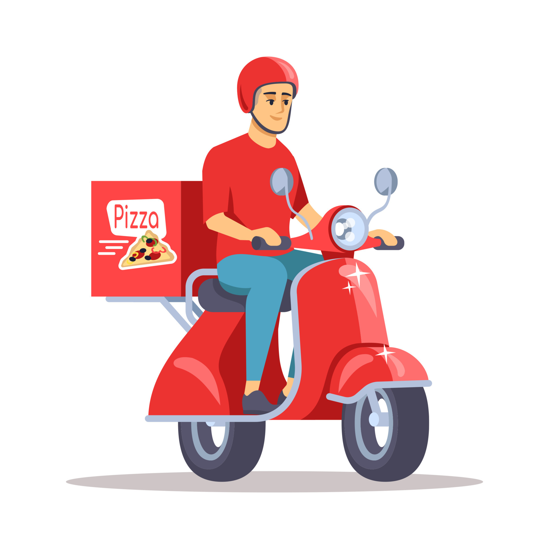 Food from local restaurant semi flat RGB color vector illustration. Pizza  delivery guy sitting on motorcycle isolated cartoon character on white  background 6562200 Vector Art at Vecteezy