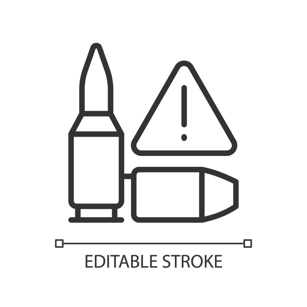 Ammunition smuggling linear icon. Gunrunning and illegal trade. Thin line customizable illustration. Contour symbol. Vector isolated outline drawing. Editable stroke. Pixel perfect. Arial font used