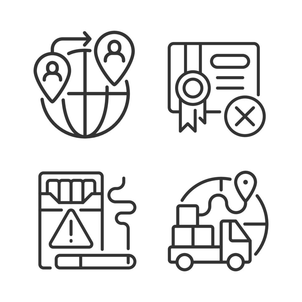 Contraband linear icons set. People smuggling. Cigarettes illegal trading. Customizable thin line contour symbols. Isolated vector outline illustrations. Editable stroke. Pixel perfect