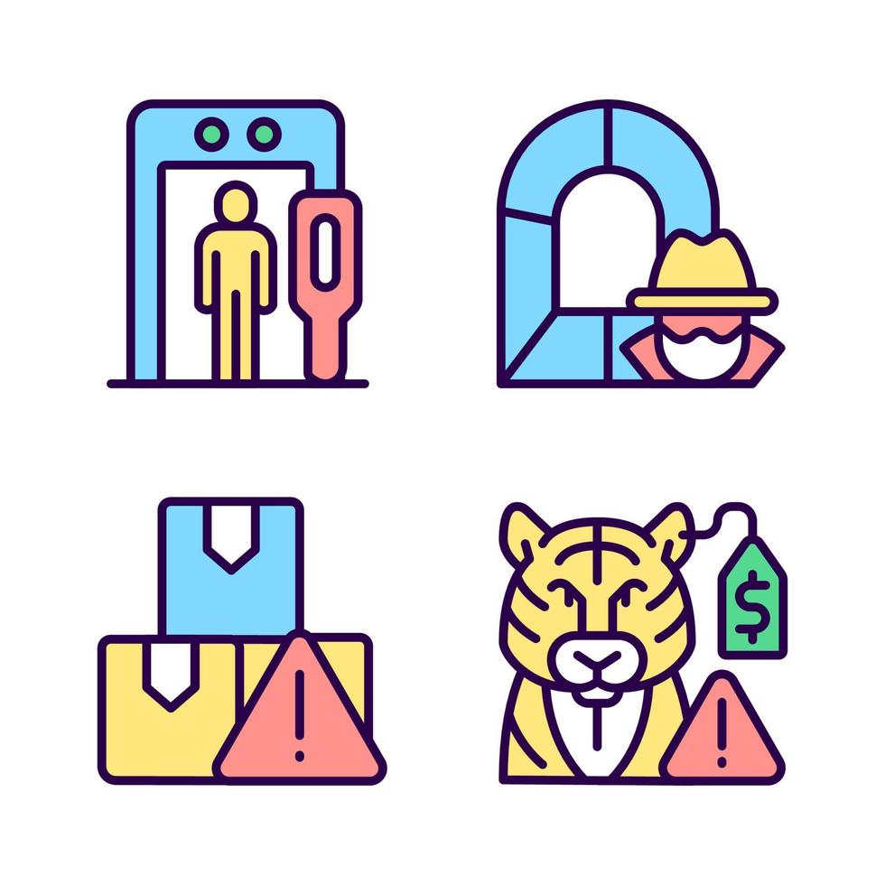 Smugglers activities prevention RGB color icons set. Smuggling tunnel. Border security. Isolated vector illustrations. Simple filled line drawings collection. Editable stroke. Pixel perfect