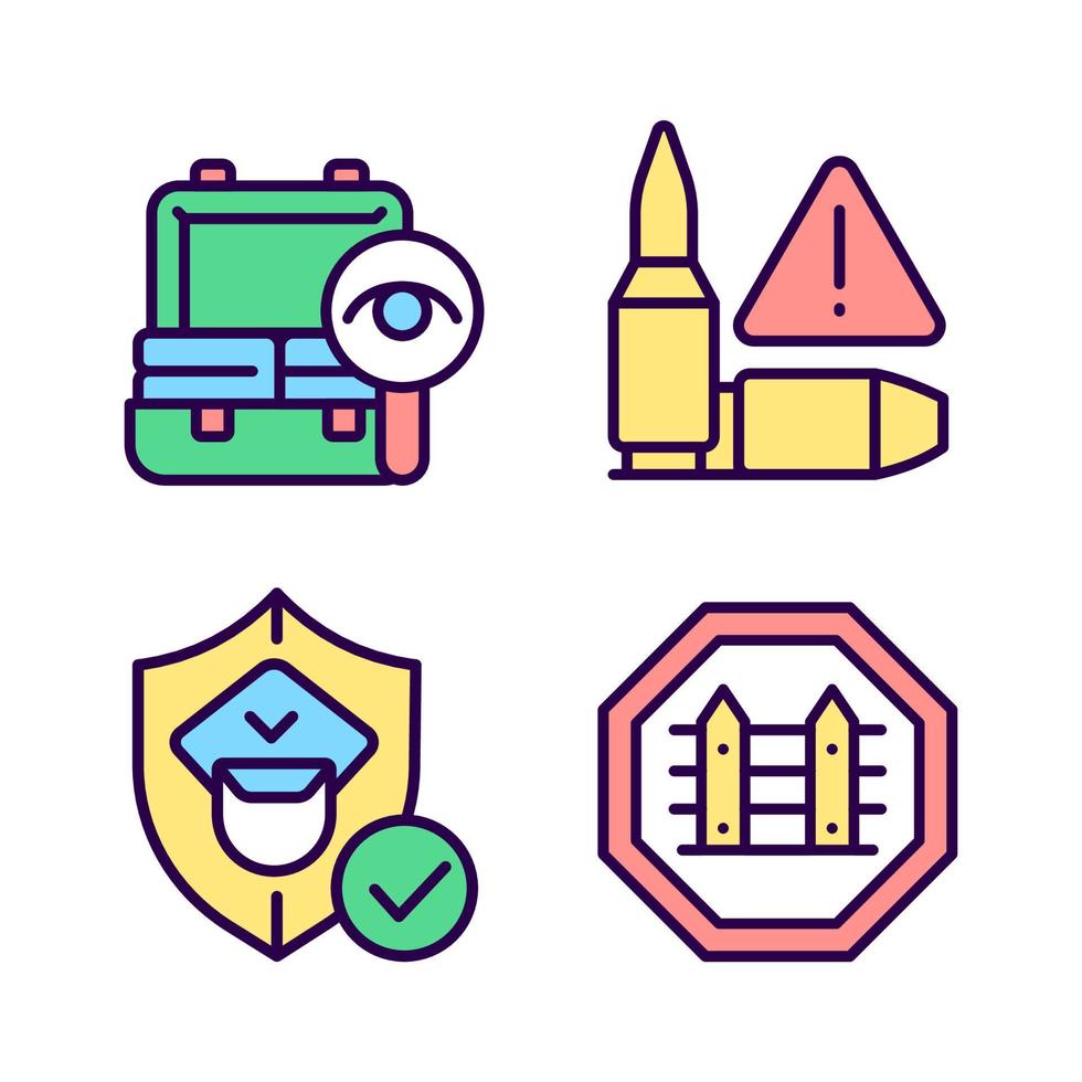Checkpoint examination RGB color icons set. Border security. Weapon illegal moving prevention. Isolated vector illustrations. Simple filled line drawings collection. Editable stroke. Pixel perfect