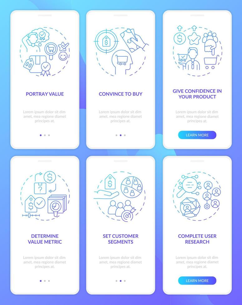 Determine price strategy blue gradient onboarding mobile app screen set. Walkthrough 3 steps graphic instructions pages with linear concepts. UI, UX, GUI template. Myriad Pro-Bold, Regular fonts used vector