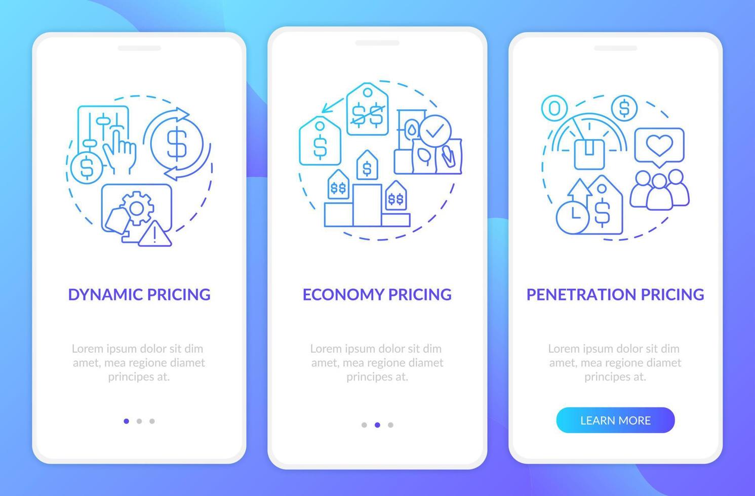General pricing methods blue gradient onboarding mobile app screen. Walkthrough 3 steps graphic instructions pages with linear concepts. UI, UX, GUI template. Myriad Pro-Bold, Regular fonts used vector
