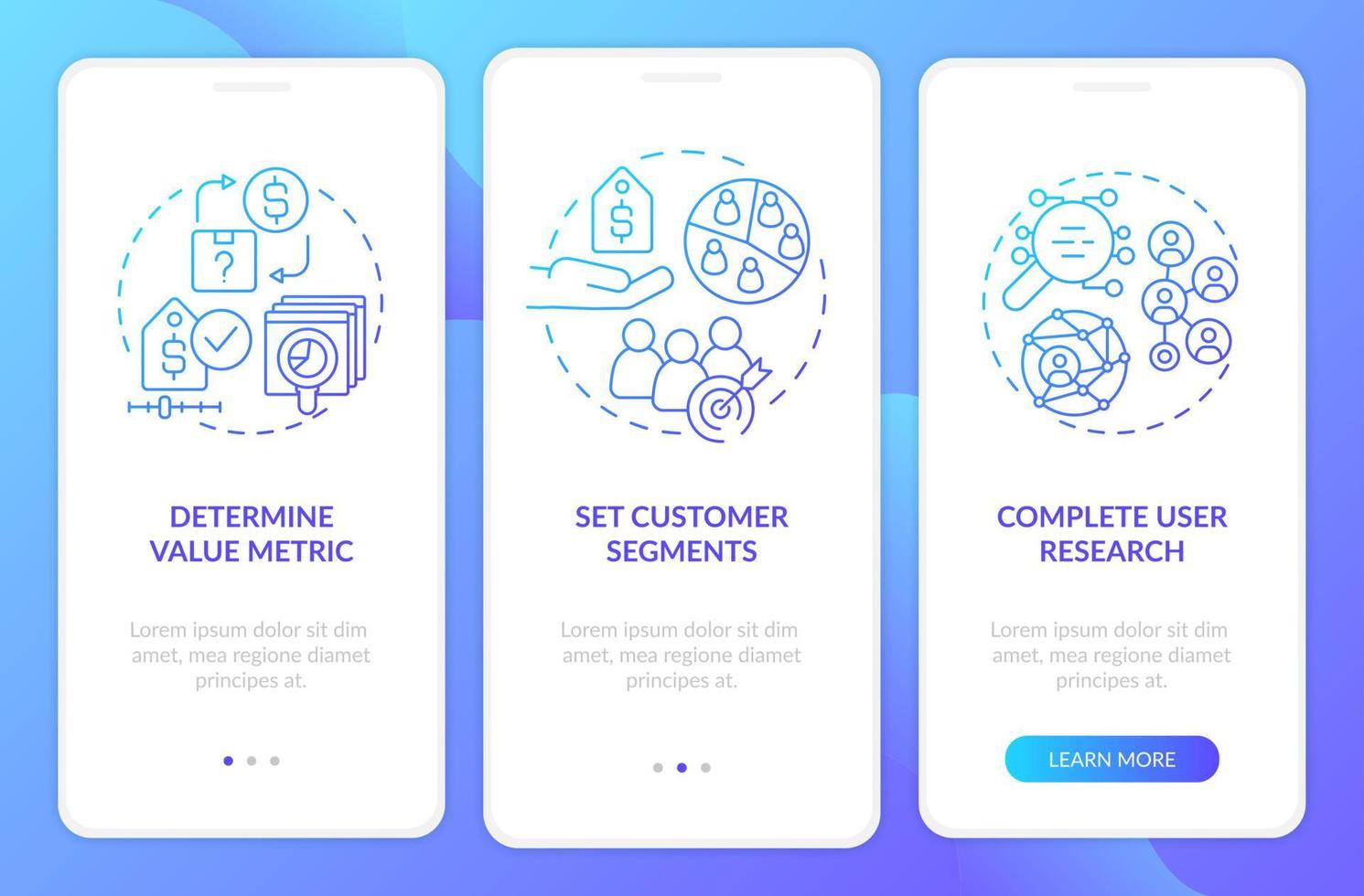 Building pricing strategy blue gradient onboarding mobile app screen. Walkthrough 3 steps graphic instructions pages with linear concepts. UI, UX, GUI template. Myriad Pro-Bold, Regular fonts used vector