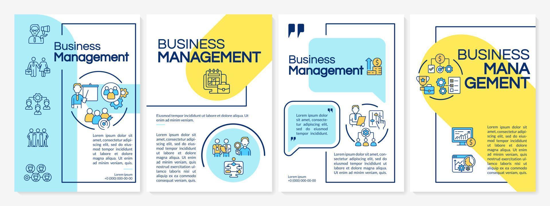 Business mangement blue and yellow brochure template. Booklet print design with linear icons. Vector layouts for presentation, annual reports, ads. Questrial, Lato-Regular fonts used