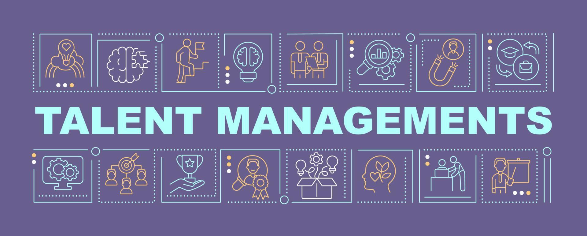Talent managements word concepts purple banner. Hiring people. Infographics with linear icons on background. Isolated typography. Vector color illustration with text. Arial-Black font used