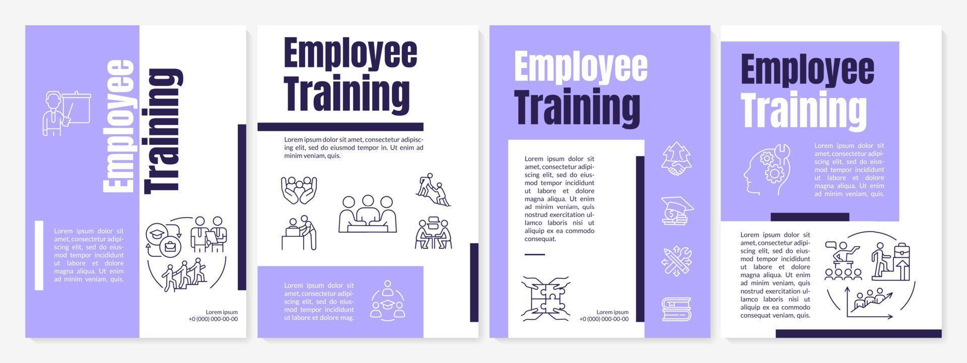 Employee training purple brochure template. HR department. Booklet print design with linear icons. Vector layouts for presentation, annual reports, ads. Anton, Lato-Regular fonts used