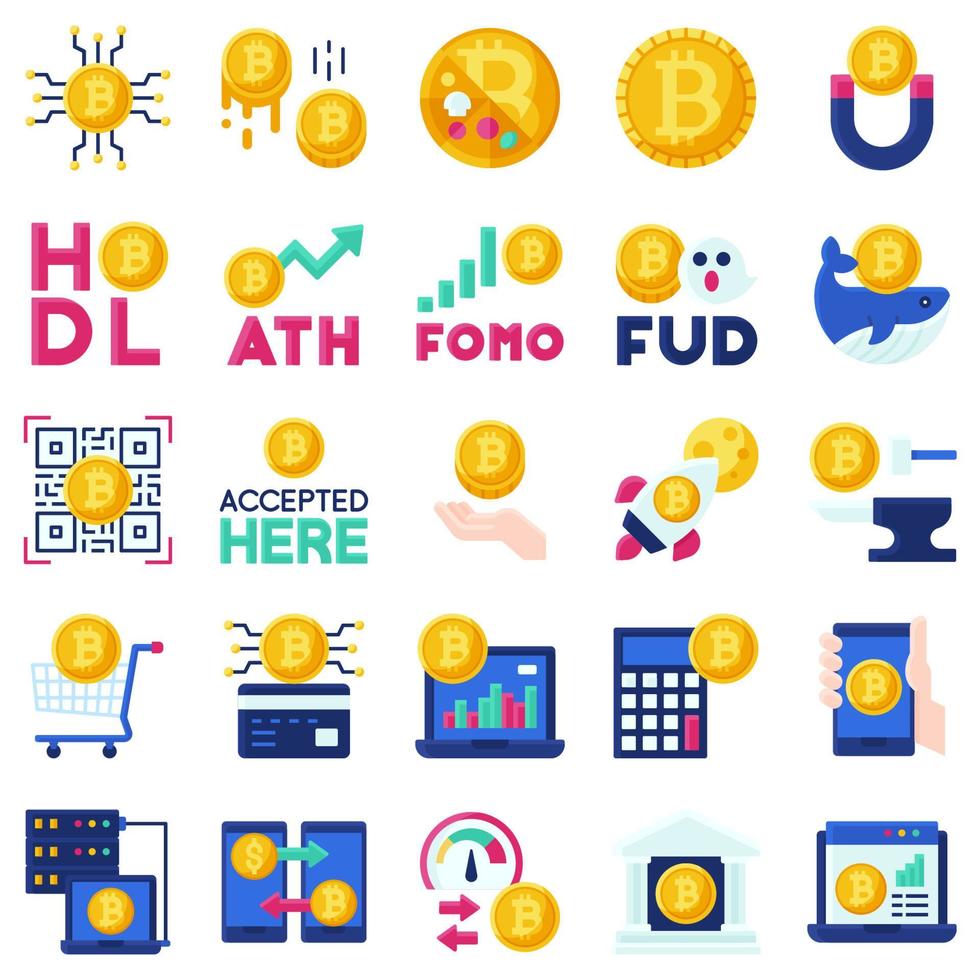 Bitcoin related flat icon set vector illustration