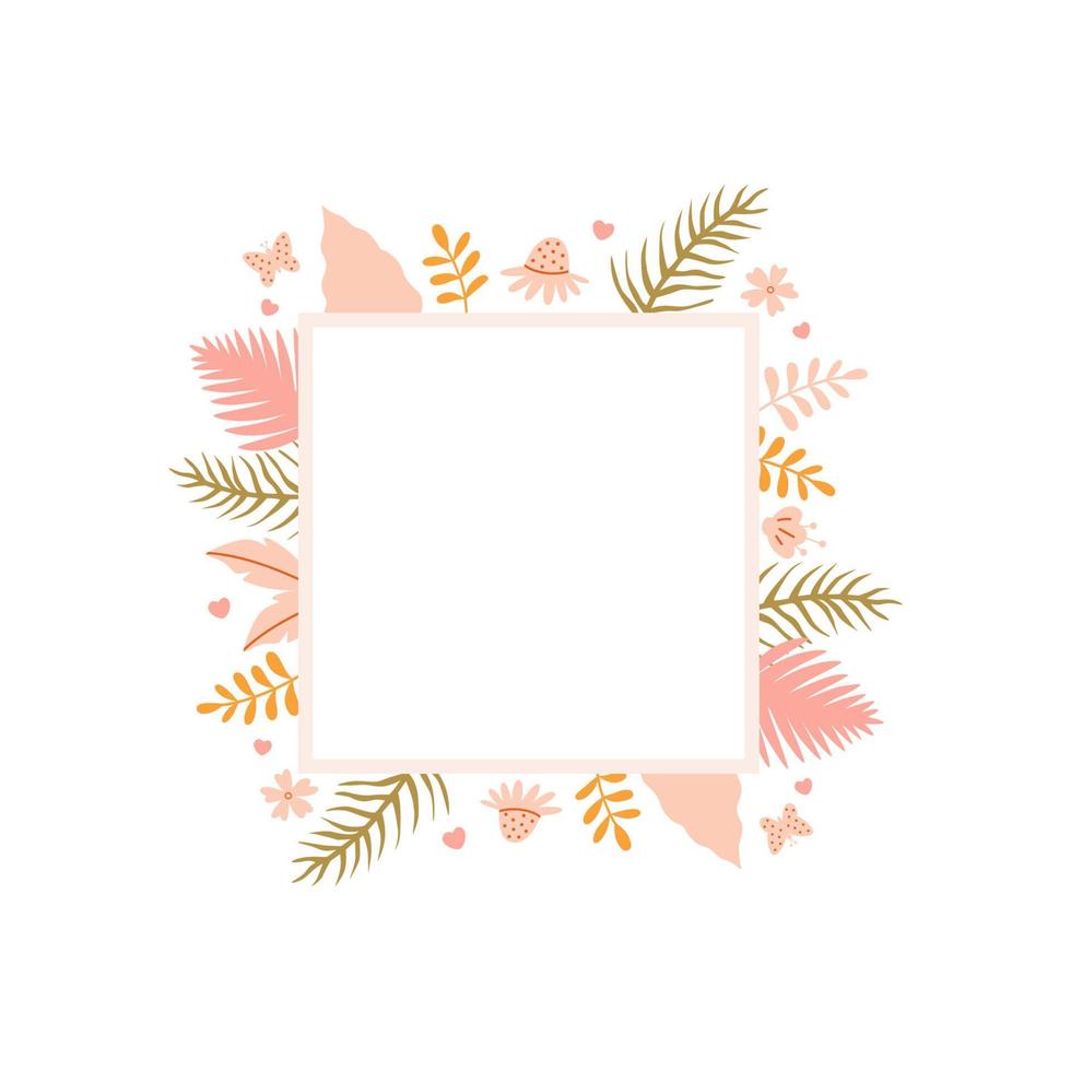 Greeting tropical frame with hand drawn abstract leaves. Vector illustration