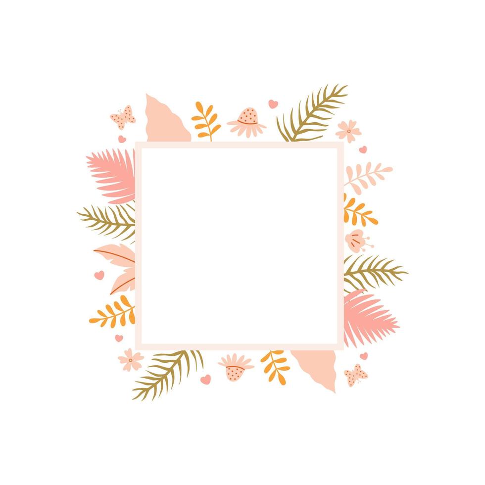 Greeting tropical frame with hand drawn abstract leaves. Vector illustration