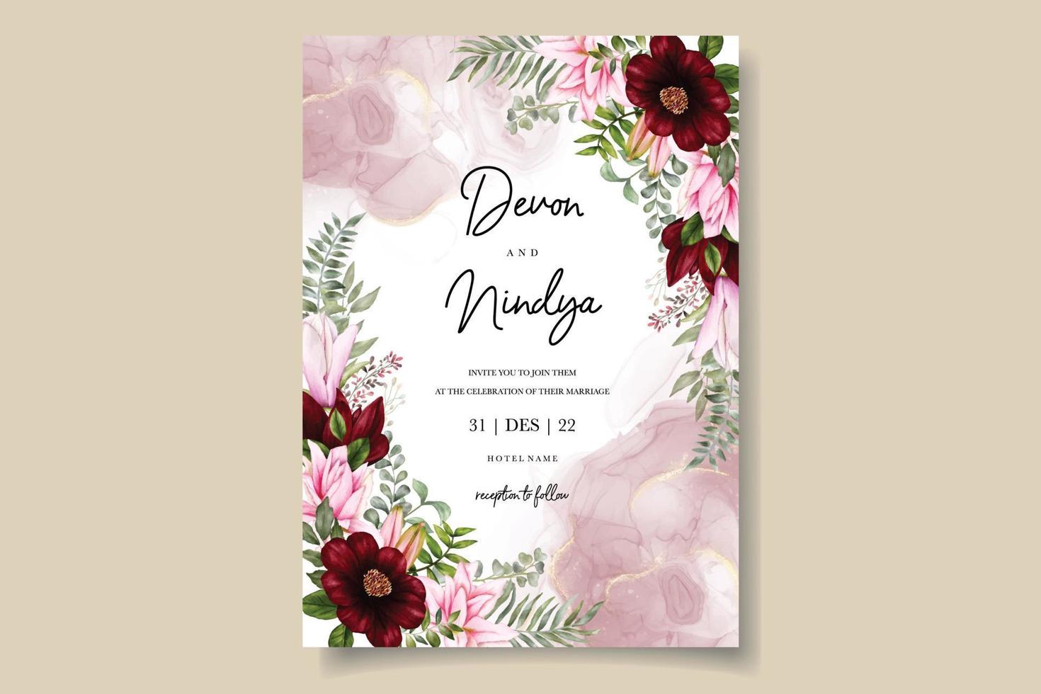 Elegant and luxurious watercolor floral wedding invitation card vector