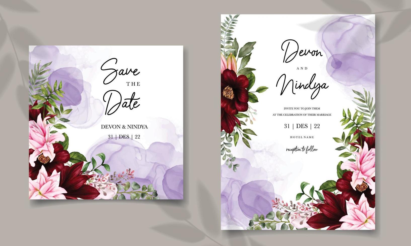 Elegant and luxurious watercolor floral wedding invitation card vector