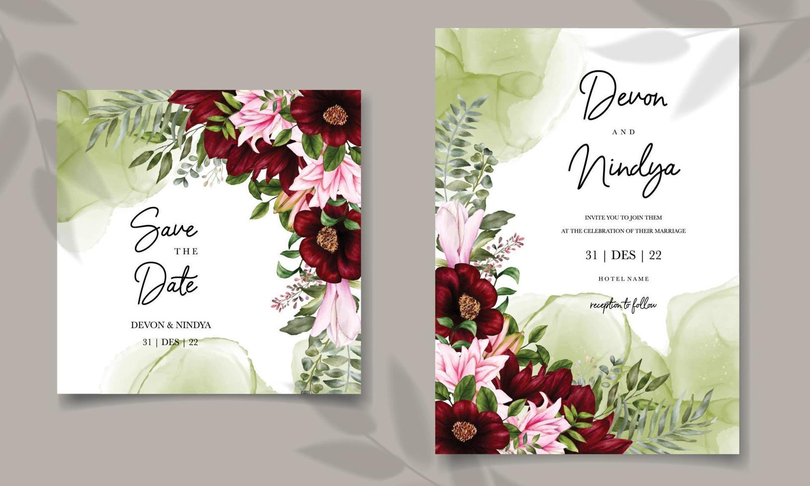 elegante y lujosa tarjeta de invitación de boda floral acuarela vector