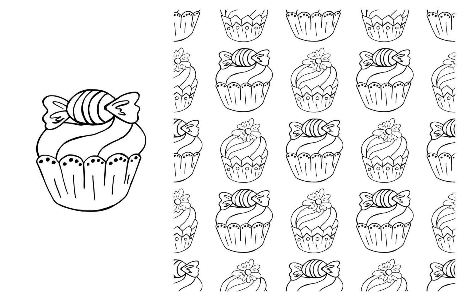 Coloring Cupcake. Set of element and seamless pattern vector