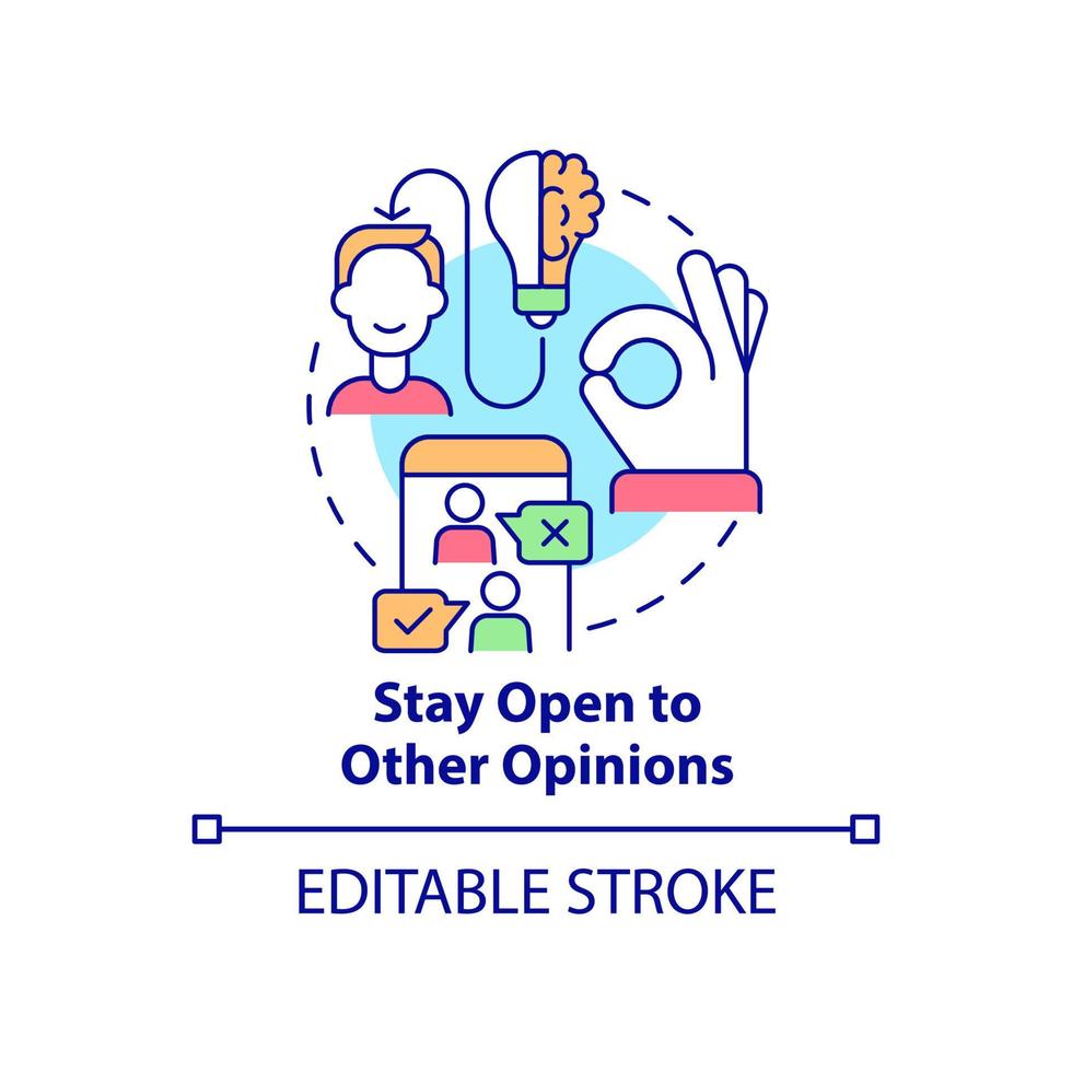 Stay open to other opinions concept icon. Business transparency abstract idea thin line illustration. Isolated outline drawing. Editable stroke. Roboto-Medium, Myriad Pro-Bold fonts used vector