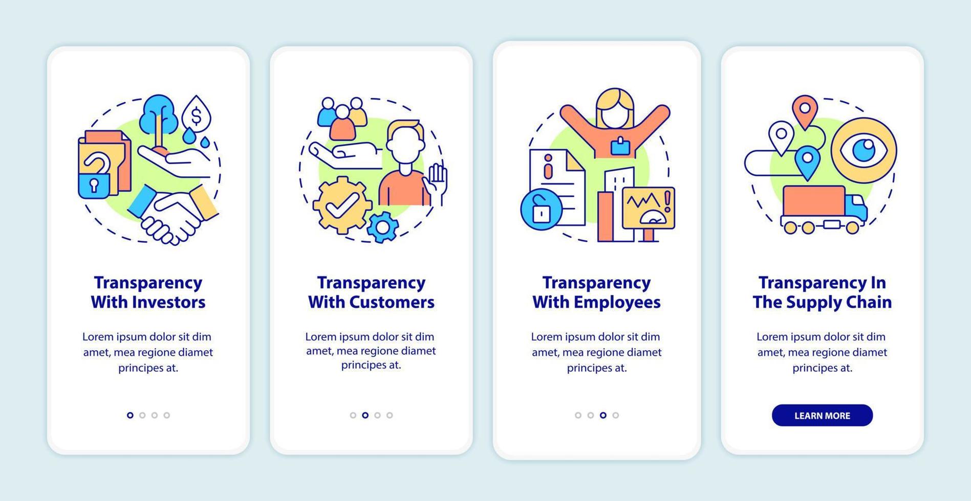 Examples of transparency onboarding mobile app screen. Business walkthrough 4 steps graphic instructions pages with linear concepts. UI, UX, GUI template. Myriad Pro-Bold, Regular fonts used vector