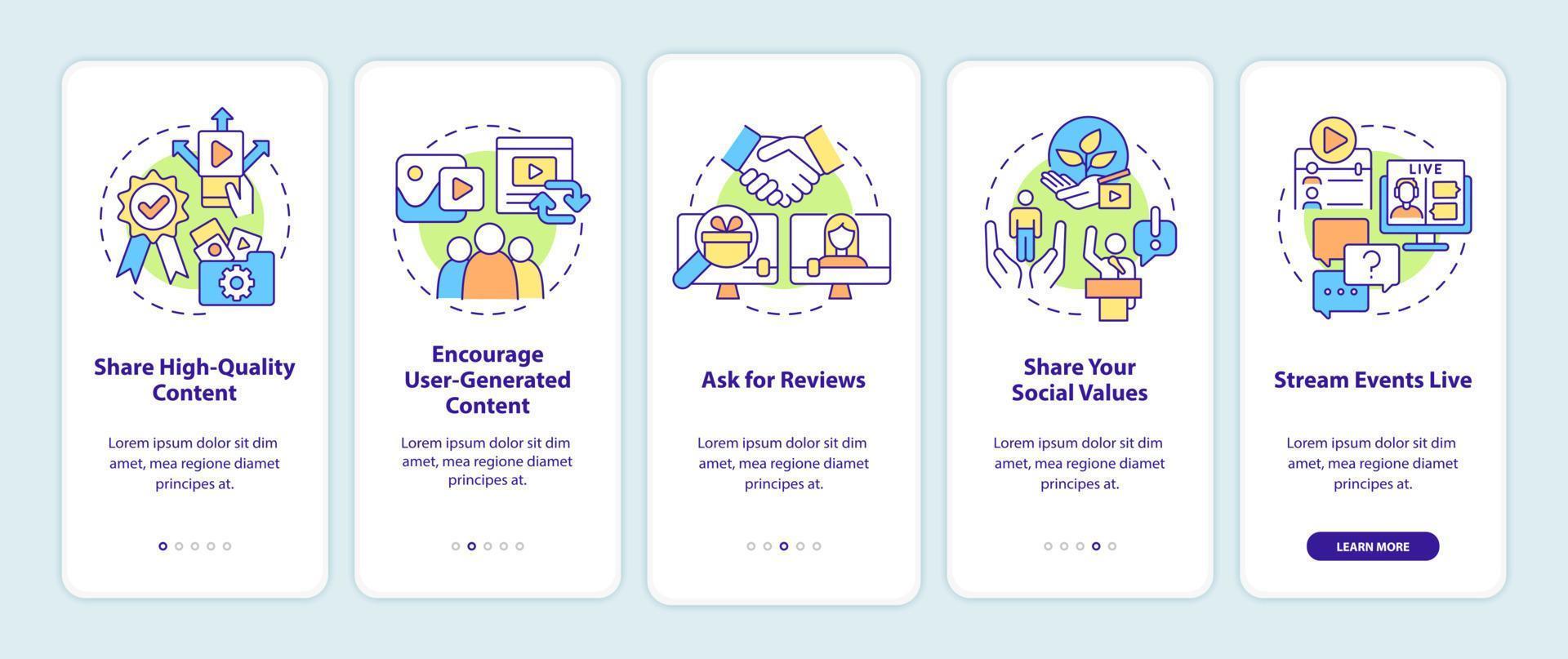 How to build trust on social media onboarding mobile app screen. Business walkthrough 5 steps graphic instructions pages with linear concepts. UI, UX, GUI template. Myriad Pro-Bold, Regular fonts used vector