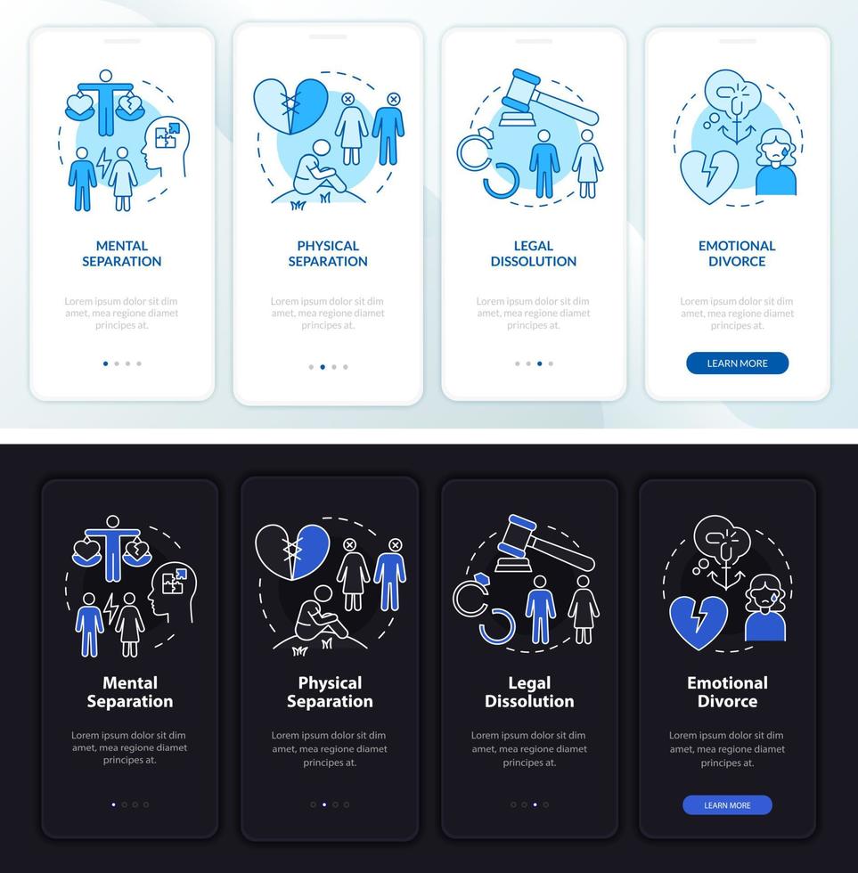 proceso de divorcio pantalla de aplicación móvil de incorporación de modo día y noche. tutorial de ruptura 4 pasos páginas de instrucciones gráficas con conceptos lineales. interfaz de usuario, ux, plantilla de interfaz gráfica de usuario. innumerables fuentes pro-negrita y regulares utilizadas vector