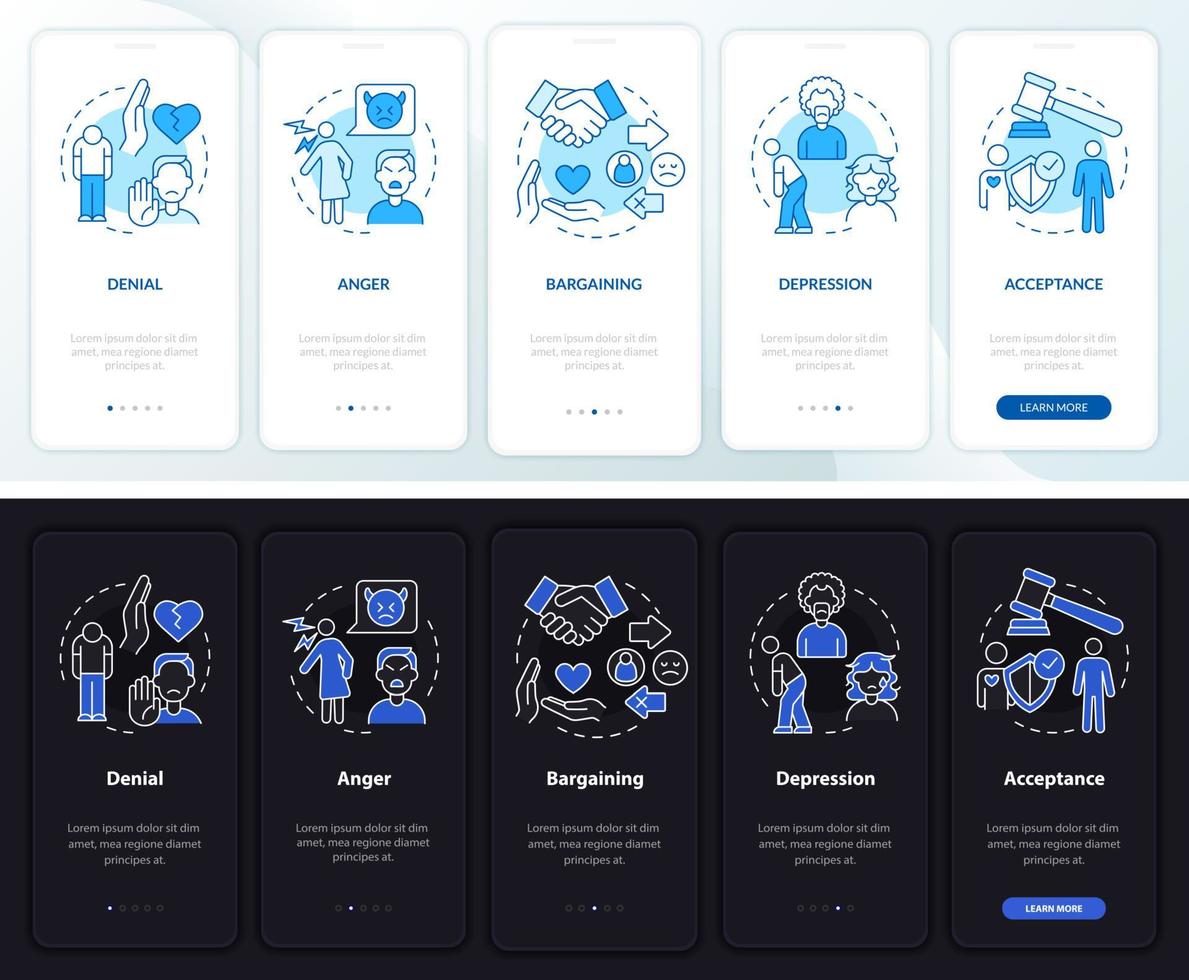 pantalla de aplicación móvil de incorporación de modo día y noche en etapas de divorcio. tutorial mental 5 pasos páginas de instrucciones gráficas con conceptos lineales. interfaz de usuario, ux, plantilla de interfaz gráfica de usuario. innumerables fuentes pro-negrita y regulares utilizadas vector