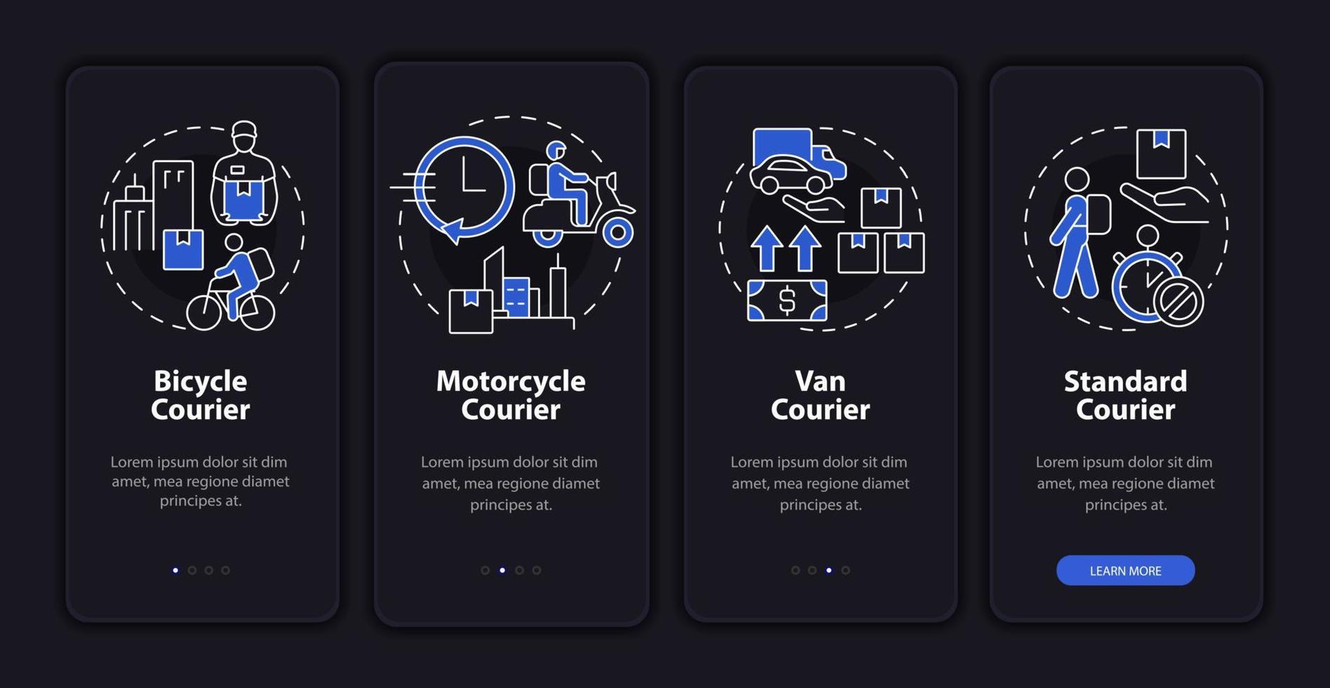 pantalla de la aplicación móvil de incorporación del tema de la noche de negocios de mensajería. entregando páginas de instrucciones gráficas de 4 pasos con conceptos lineales. interfaz de usuario, ux, plantilla de interfaz gráfica de usuario. innumerables fuentes pro-negrita y regulares utilizadas vector