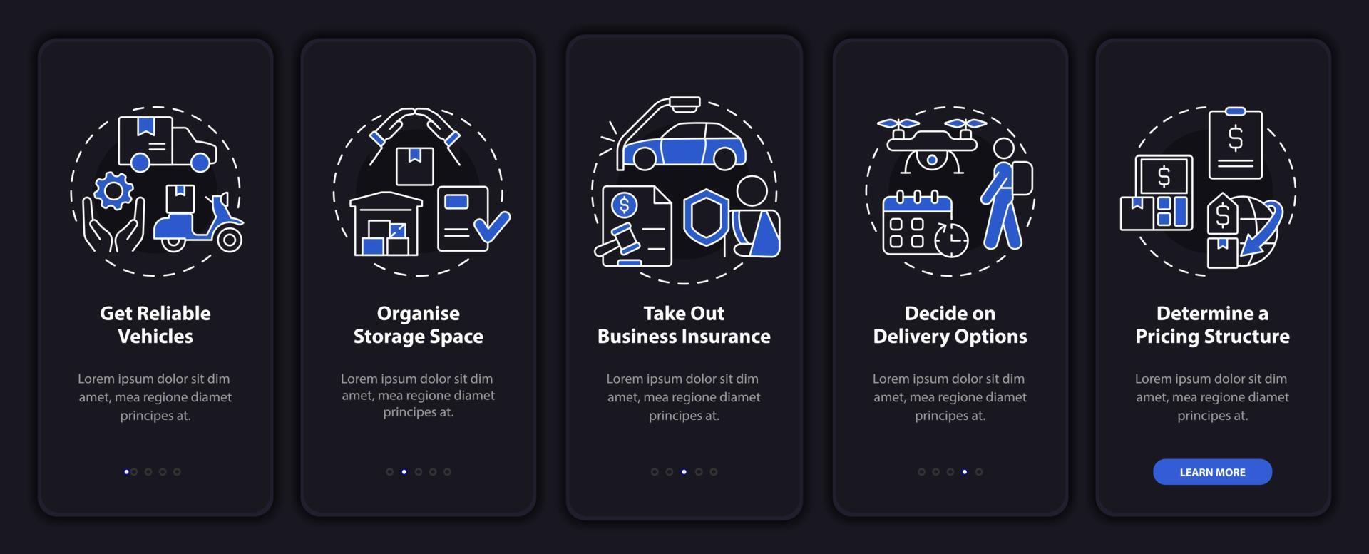 cómo iniciar el tema de la noche de negocios de mensajería incorporando la pantalla de la aplicación móvil. Publicación de páginas de instrucciones gráficas de 5 pasos con conceptos. interfaz de usuario, ux, plantilla de interfaz gráfica de usuario. innumerables fuentes pro-negrita y regulares utilizadas vector