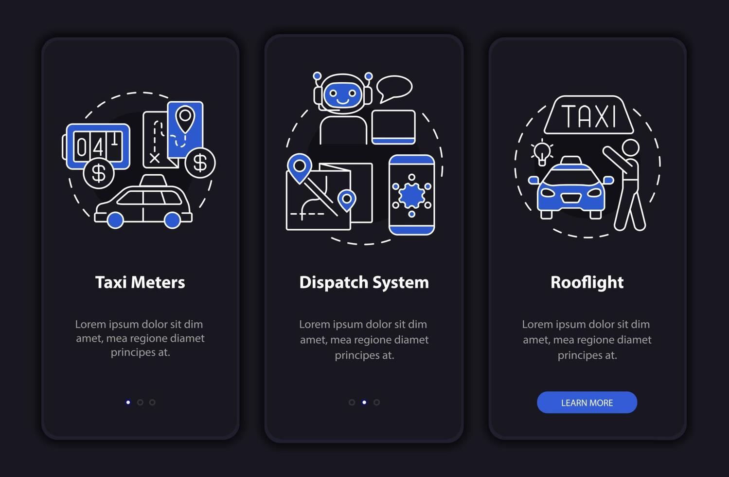 Equipment for taxi night theme onboarding mobile app screen. Cab walkthrough 3 steps graphic instructions pages with linear concepts. UI, UX, GUI template. Myriad Pro-Bold, Regular fonts used vector