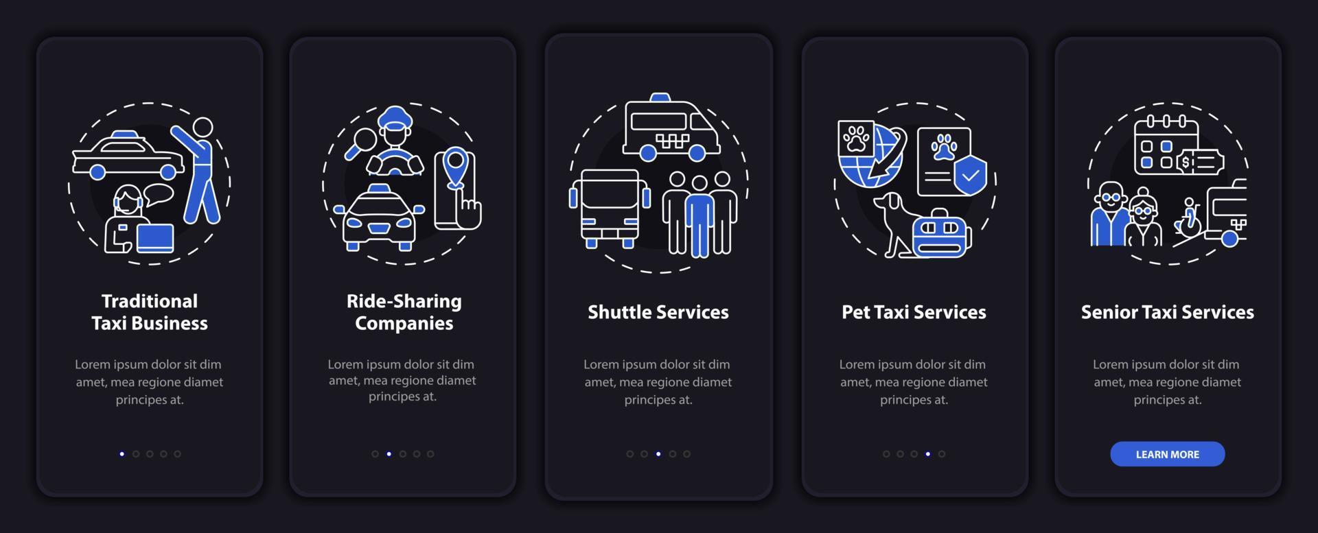 Taxi business types night theme onboarding mobile app screen. Shipment walkthrough 5 steps graphic instructions pages with linear concepts. UI, UX, GUI template. Myriad Pro-Bold, Regular fonts used vector