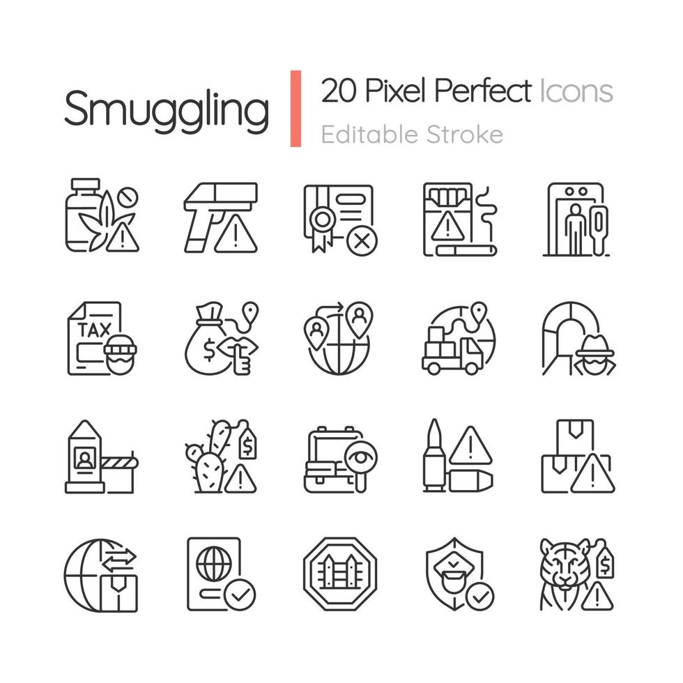 Smuggling linear icons set. Illegal import and export. Customizable thin line contour symbols. Isolated vector outline illustrations. Editable stroke. Pixel perfect. Quicksand-Light font used