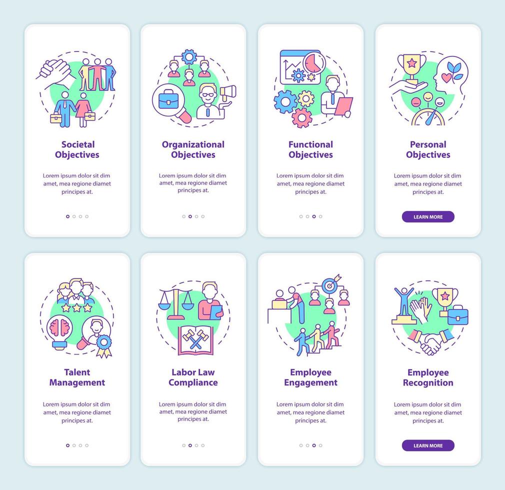 HR and business management onboarding mobile app screen set. Walkthrough 4 steps graphic instructions pages with linear concepts. UI, UX, GUI template. Myriad Pro-Bold, Regular fonts used vector