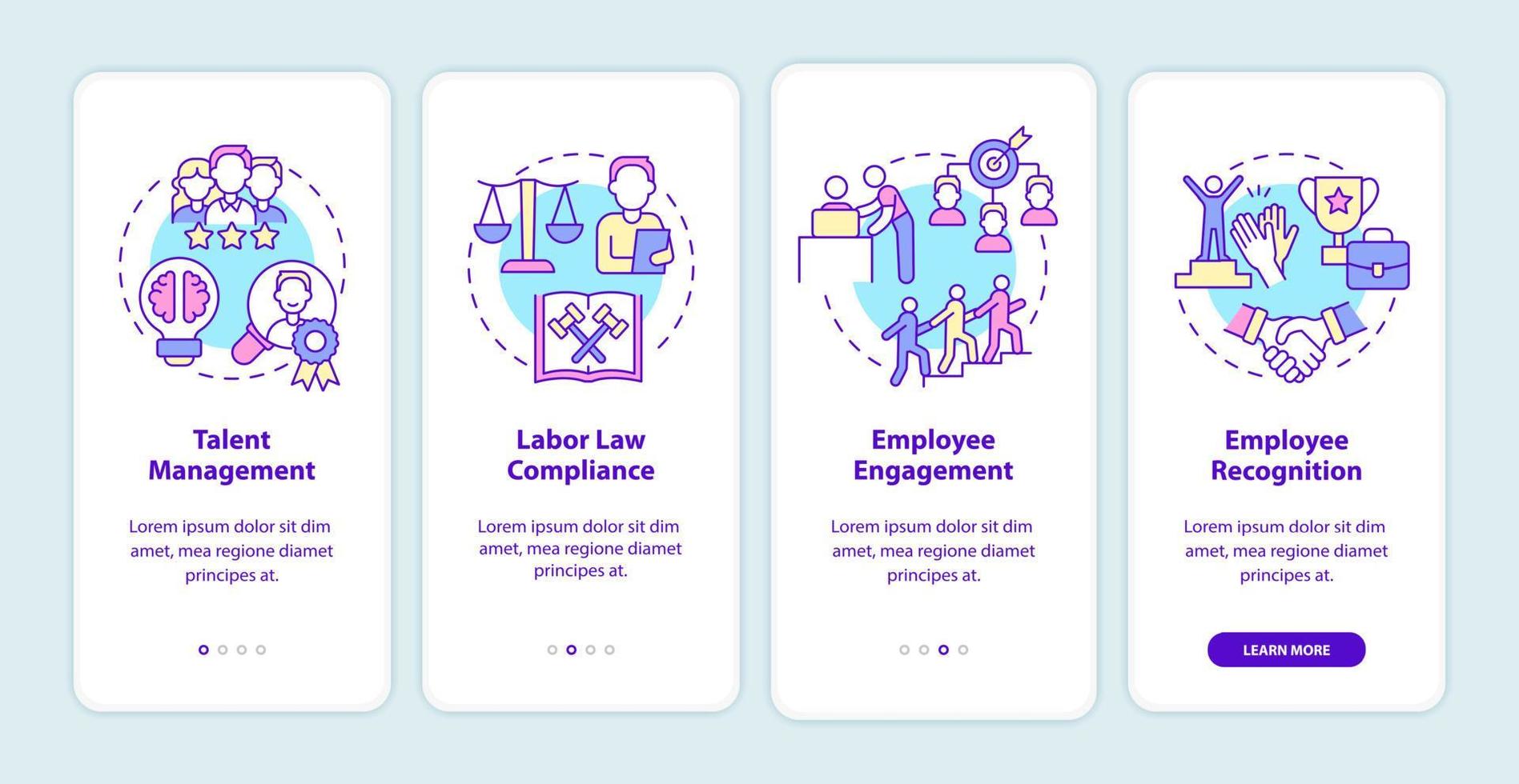 Human resources manager duties onboarding mobile app screen. Walkthrough 4 steps graphic instructions pages with linear concepts. UI, UX, GUI template. Myriad Pro-Bold, Regular fonts used vector