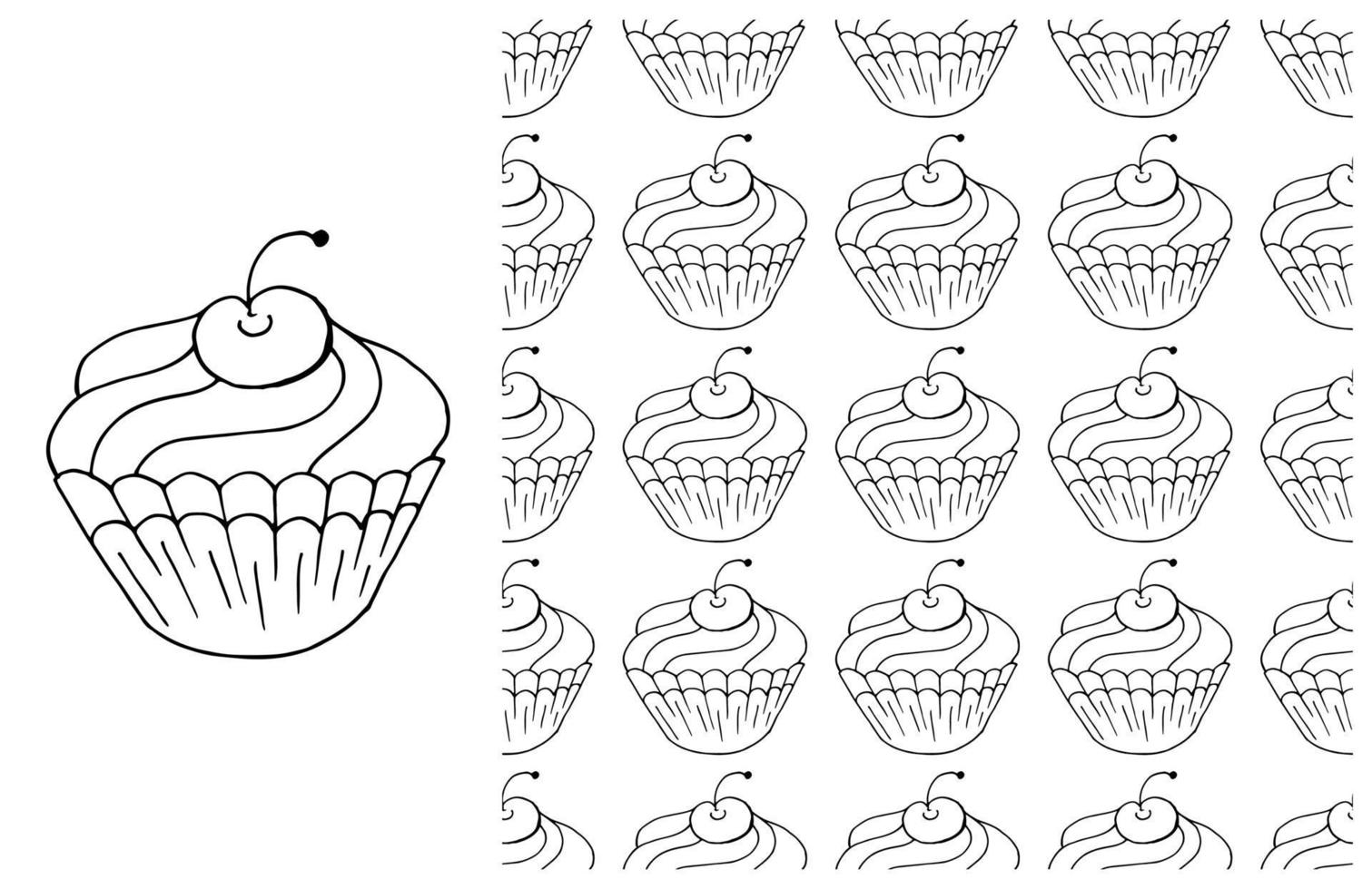 Coloring Cupcake. Set of element and seamless pattern vector