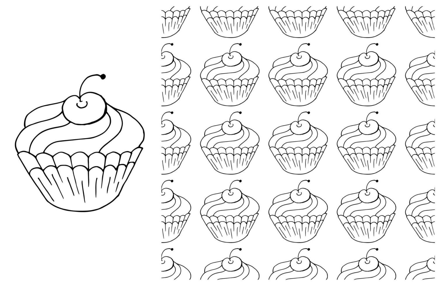 Coloring Cupcake. Set of element and seamless pattern vector