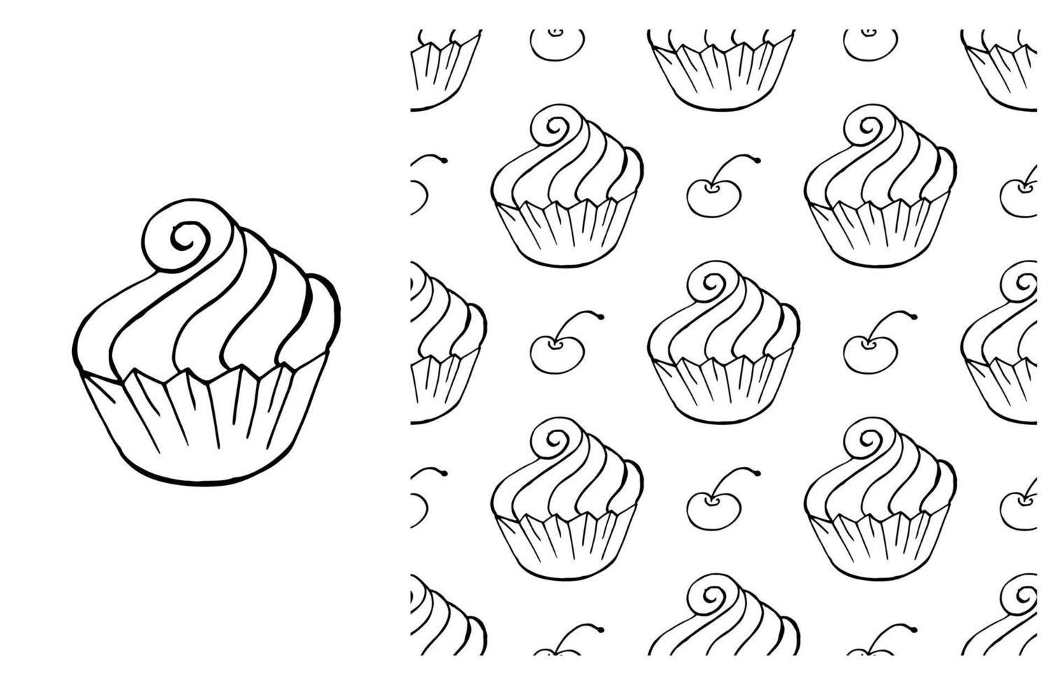 Coloring Cupcake. Set of element and seamless pattern vector