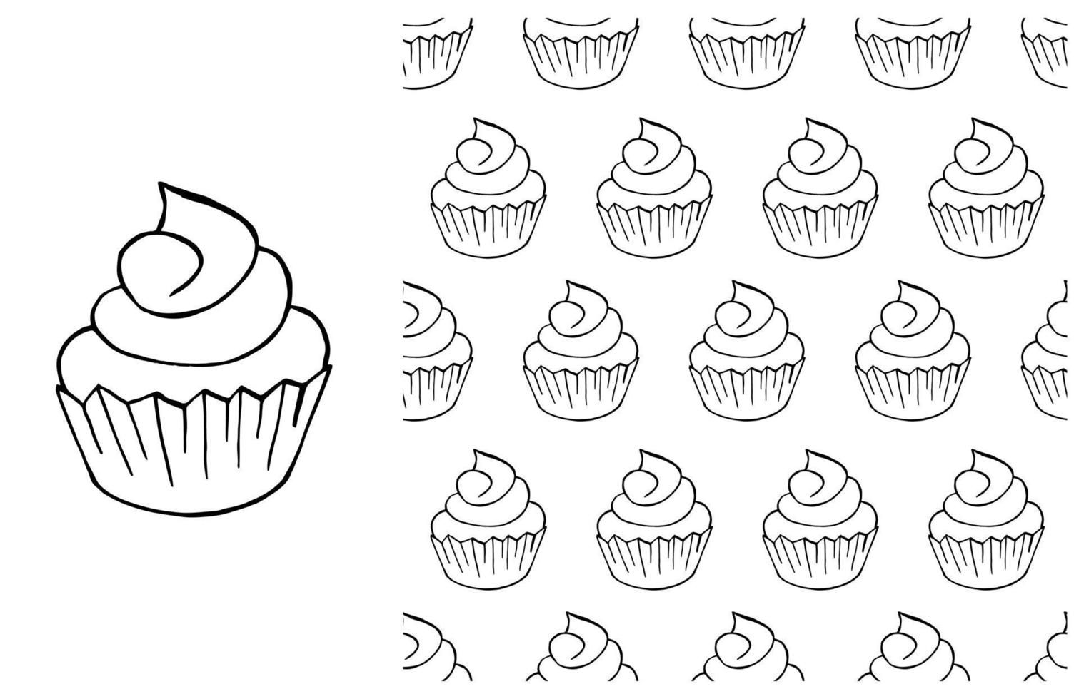 Coloring Cupcake. Set of element and seamless pattern vector