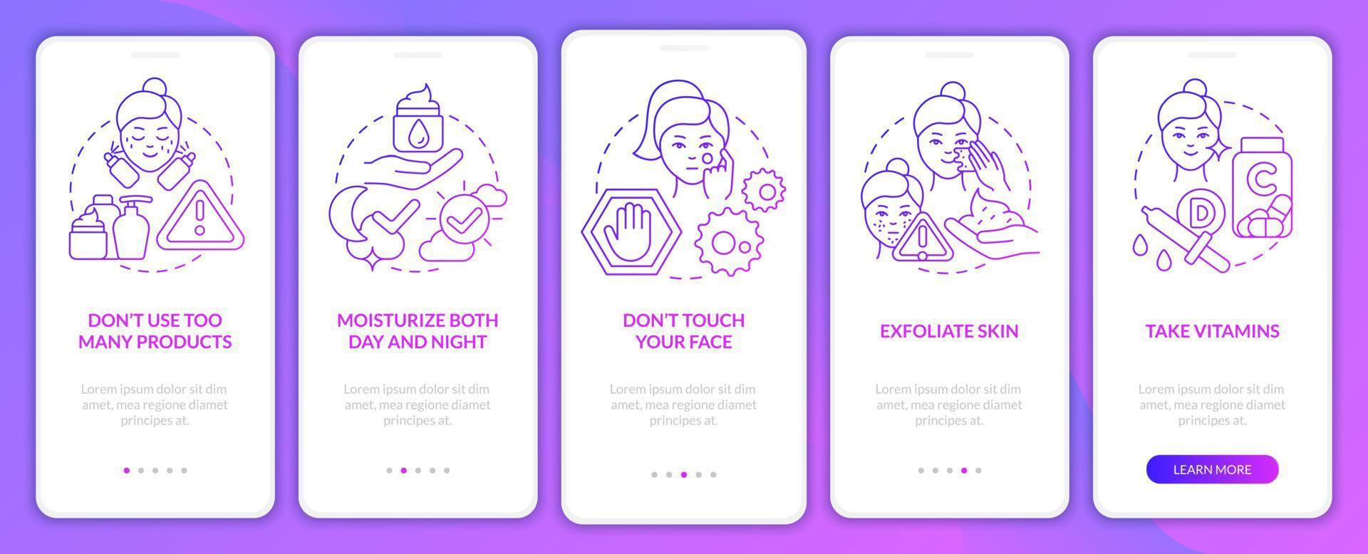 Skincare tips purple gradient onboarding mobile app screen. Treatment walkthrough 5 steps graphic instructions pages with linear concepts. UI, UX, GUI template. Myriad Pro-Bold, Regular fonts used vector